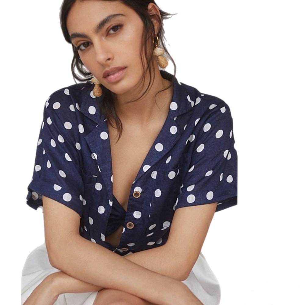 Maeve | Anthropologie Linen Navy Polka Dot Button Top